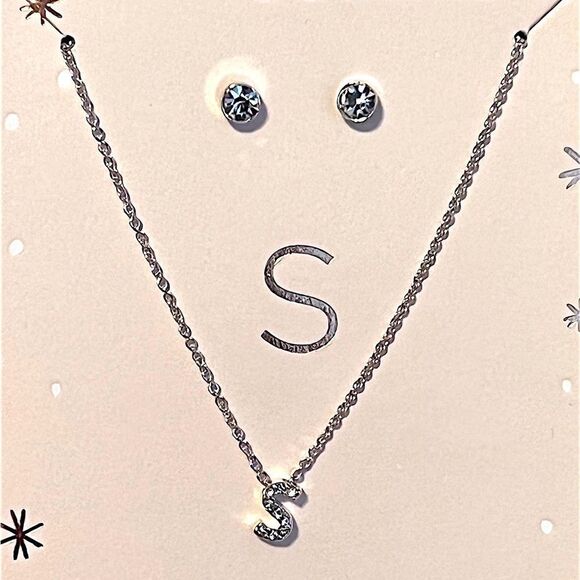 LC Lauren Conrad S Initial Rhinestone Silver Tone Earring And Necklace Set NWT - Picture 2 of 4